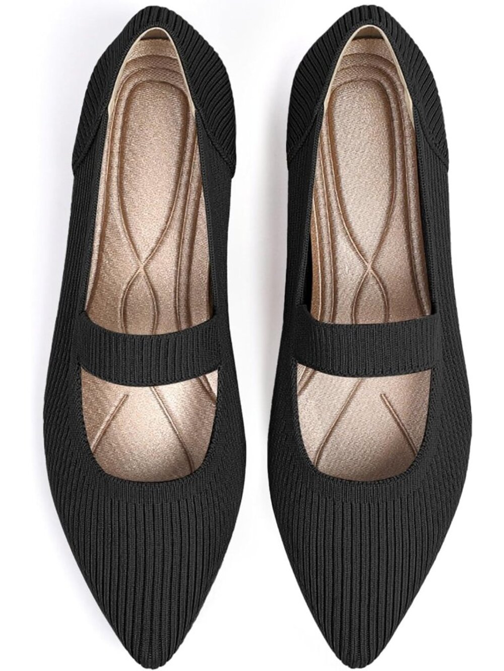 Women's Black Knit Mary Jane Flats Pointed Toe Pull On Comfortable Flats Shoes